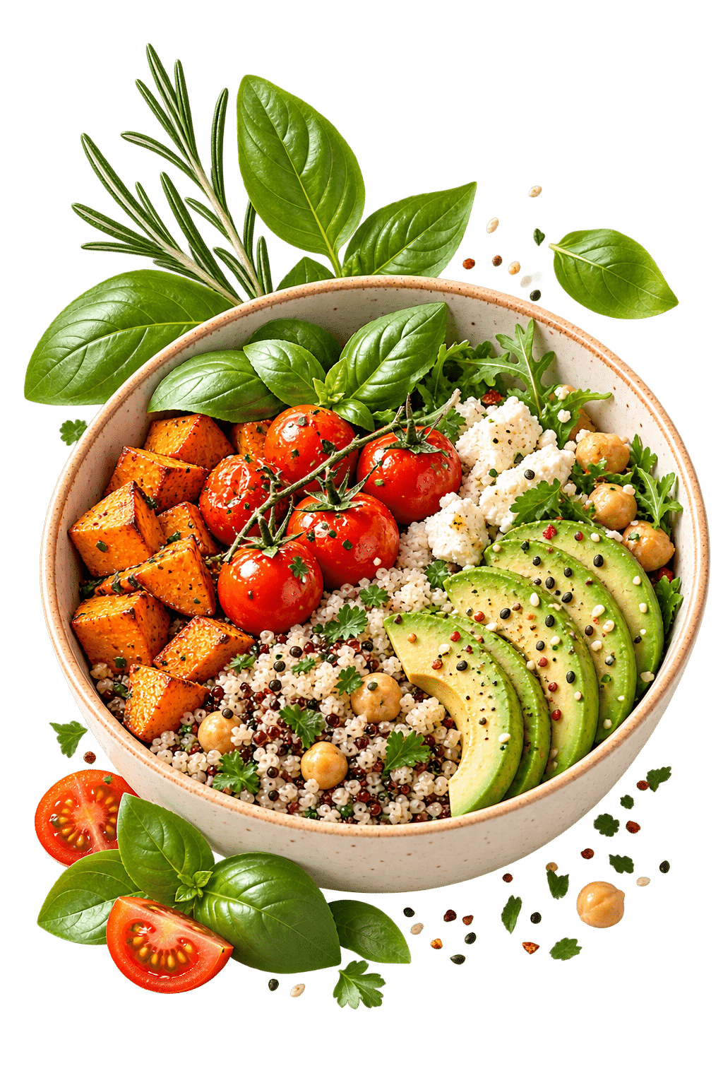 Eine Schüssel gefüllt mit Quinoa, Süßkartoffeln, Kirschtomaten, Avocados, Kräutern und frischen Blättern von Basilikum und Rucola.