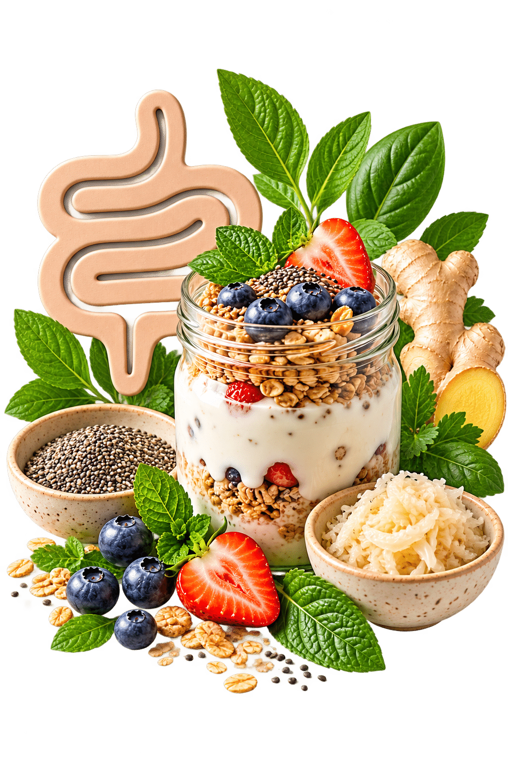 Ein Glas mit Joghurt, Müsli, Blaubeeren und Erdbeeren umgeben von frischer Minze, Chiasamen, Ingwer und Kokosraspeln, mit einem stilisierten Bild des menschlichen Verdauungssystems im Hintergrund.