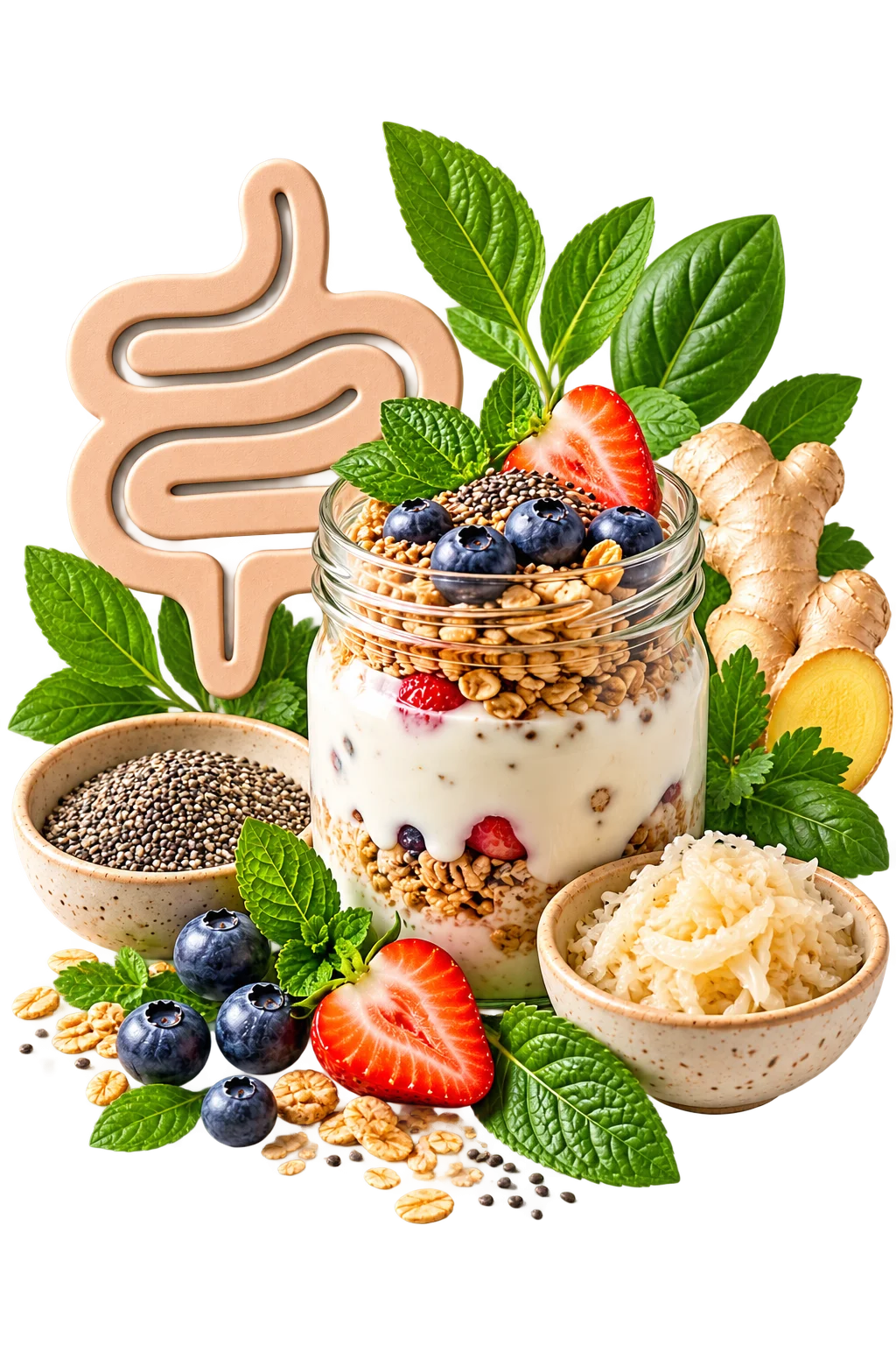 Ein Glas mit Joghurt, Müsli, Blaubeeren und Erdbeeren umgeben von frischer Minze, Chiasamen, Ingwer und Kokosraspeln, mit einem stilisierten Bild des menschlichen Verdauungssystems im Hintergrund.