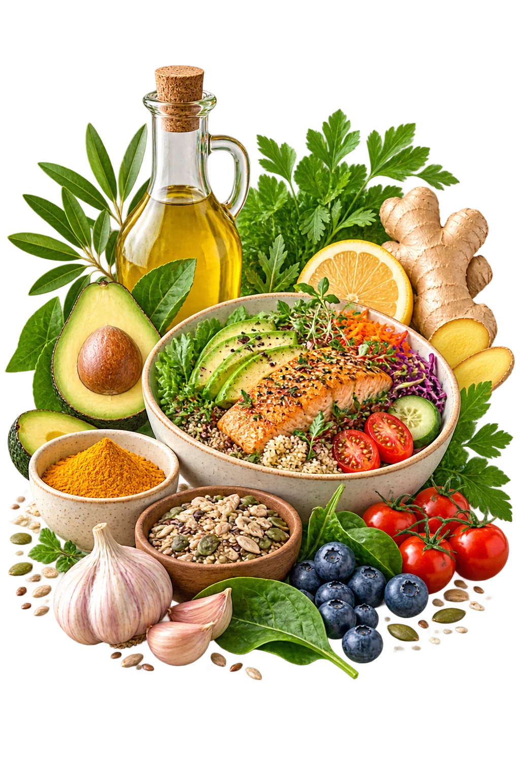 Eine gesunde Mahlzeit mit Lachs, Quinoa, Avocado, frischem Gemüse, Olivenöl und Gewürzen auf einem hellen Hintergrund.