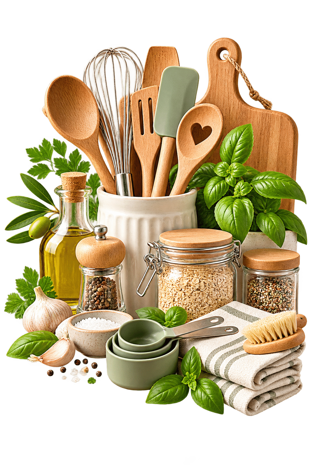 Eine Sammlung von Küchengeräten und Zutaten, darunter Holzlöffel, Olivenöl, verschiedene Gewürze, frisches Basilikum, eine Schüssel mit Salz, Knoblauch und Messbecher.