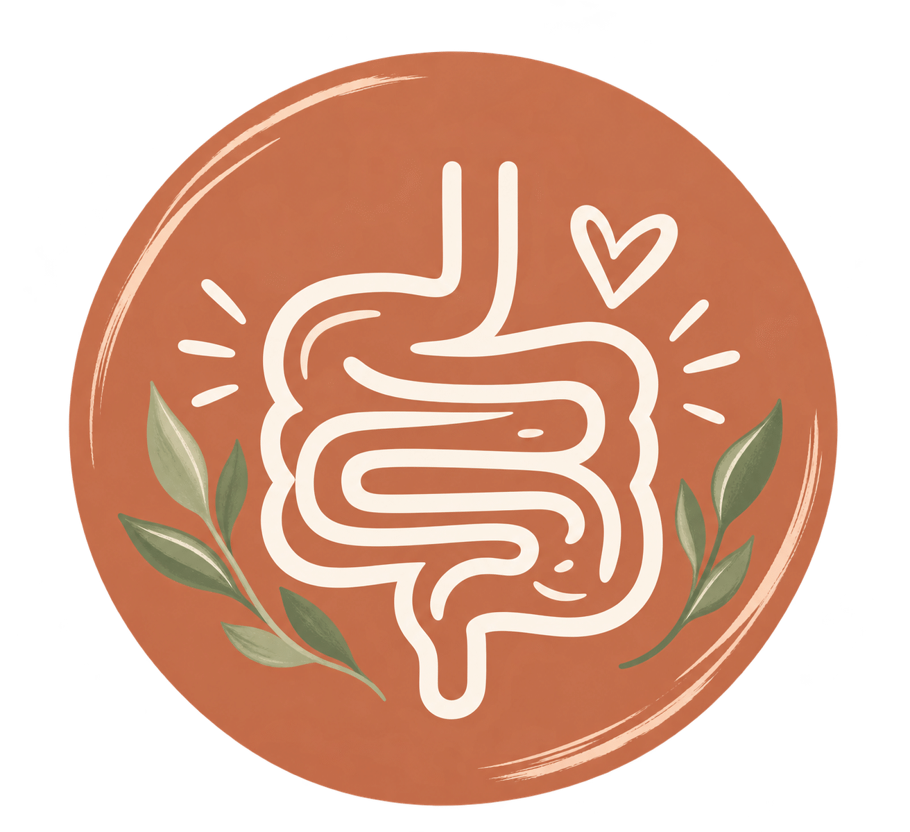 Illustration eines stilisierten menschlichen Darms auf orangefarbenem Hintergrund, umgeben von grünen Pflanzenmotiven.
