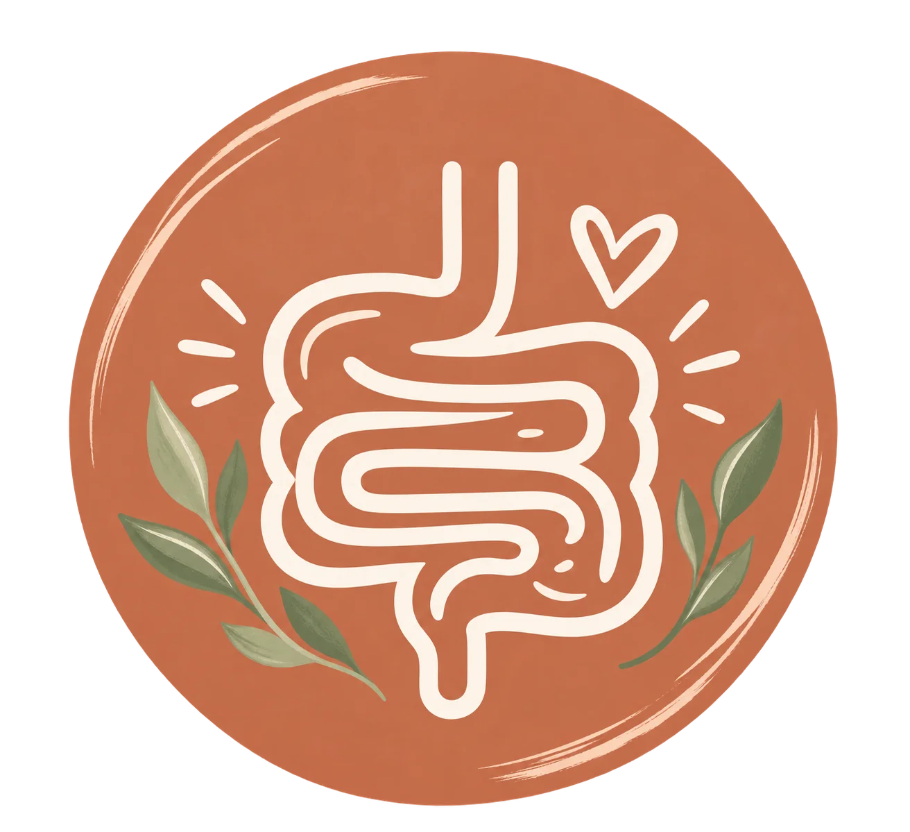 Illustration eines stilisierten menschlichen Darms auf orangefarbenem Hintergrund, umgeben von grünen Pflanzenmotiven.